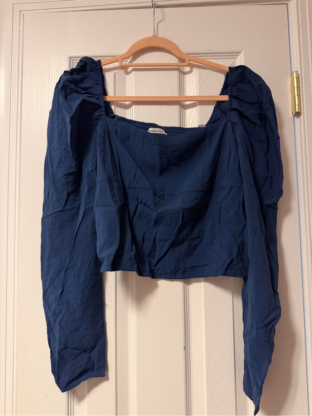 Abercrombie & Fitch Navy Puff-Sleeve Cropped Long-Sleeve Top